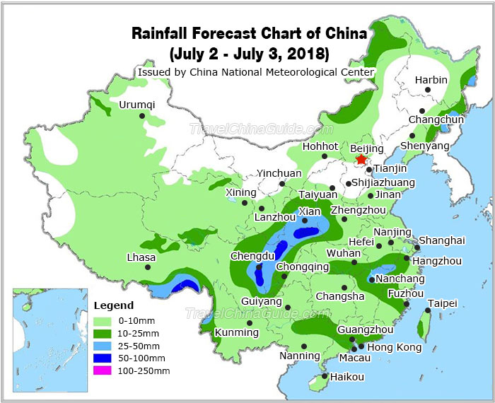 Rainfall Forecast Chart of China from July 2 to July 3, 2018